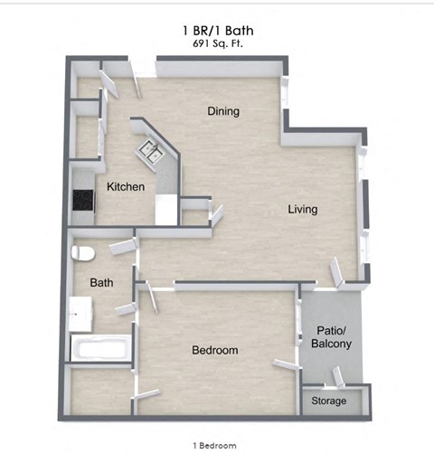 Floor plan for 1 bed, 1 bath, 691 sqft